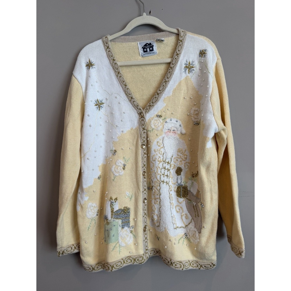 Vtg Storybook Knits Sweater Size 1X Father Christmas Santa Yellow Bead Cardigan